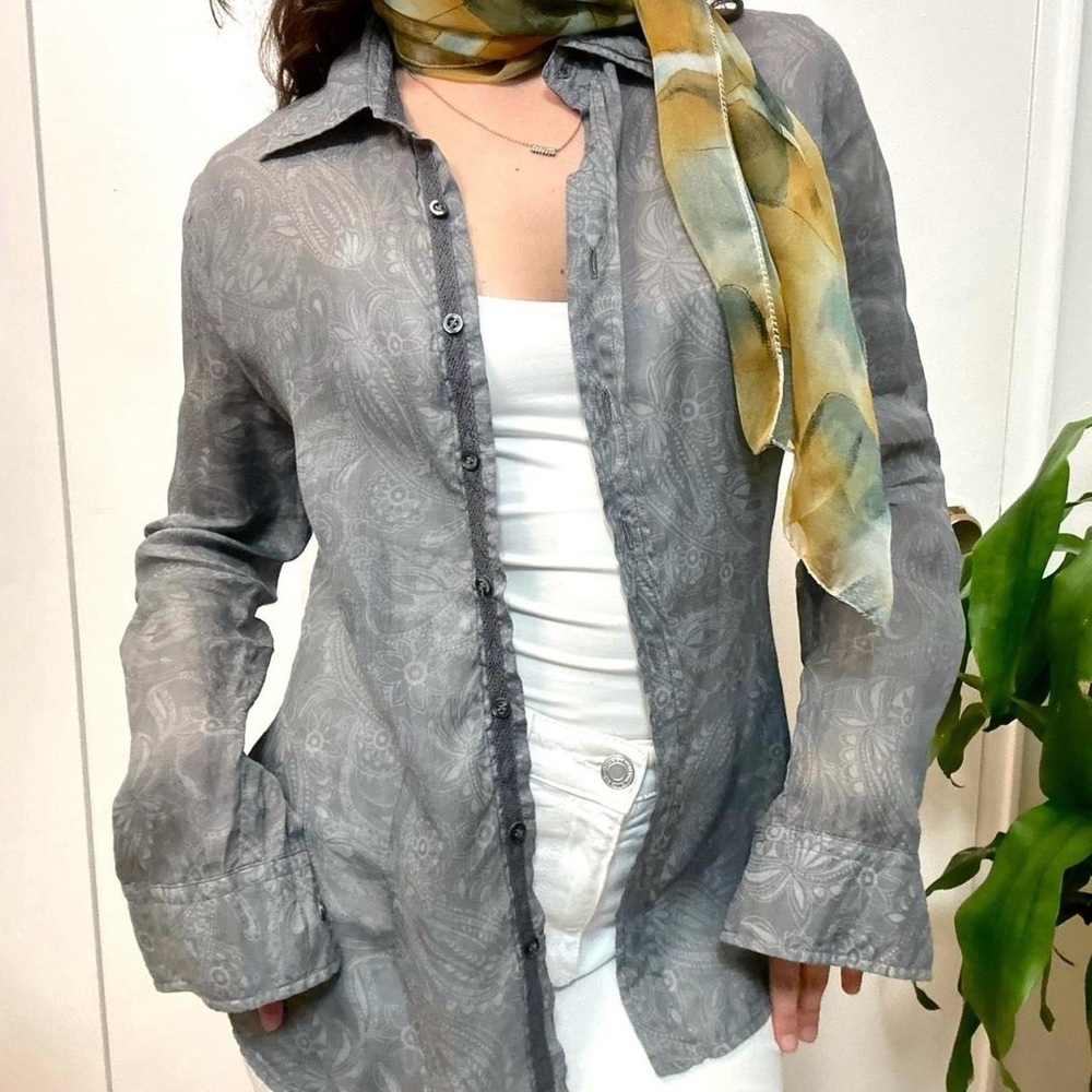 Moreno Martini Paisley Button Up Blouse Grey Size Medium 100% Ramie